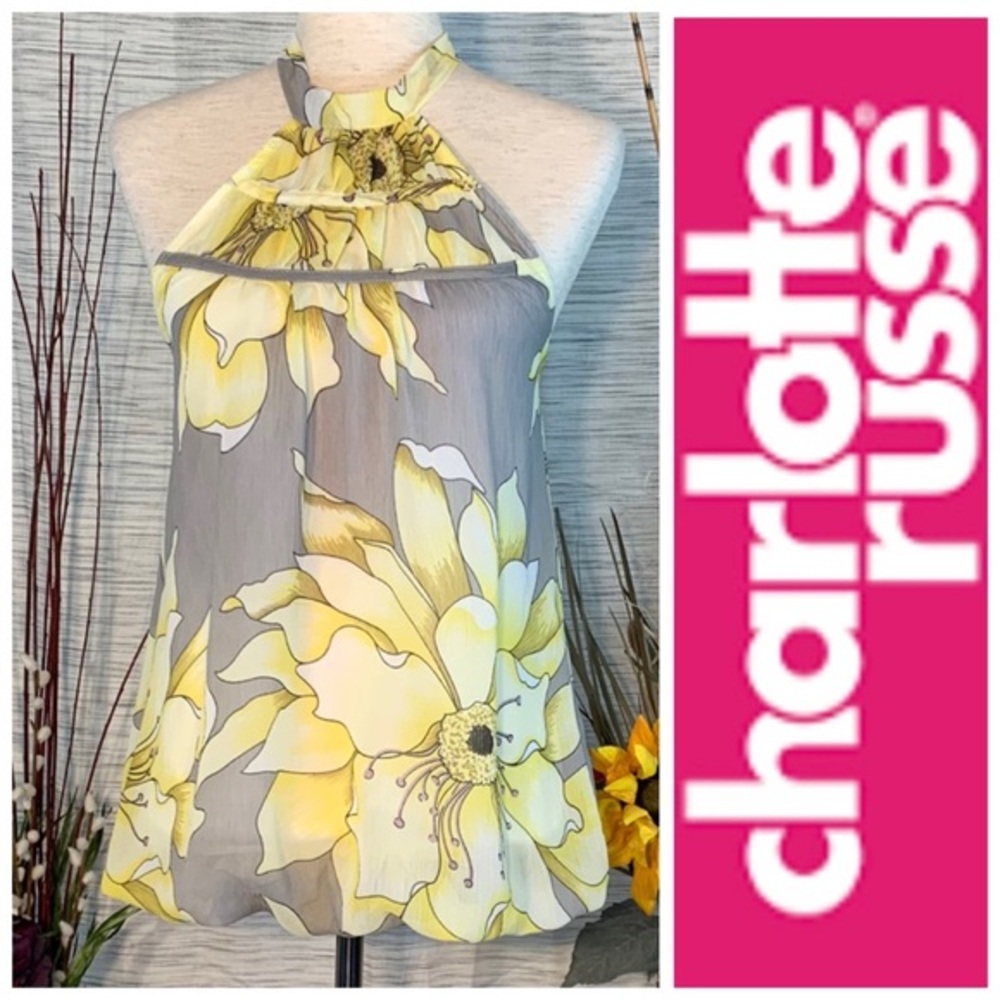 Charlotte Russe gray and yellow floral sleeveless halter top.